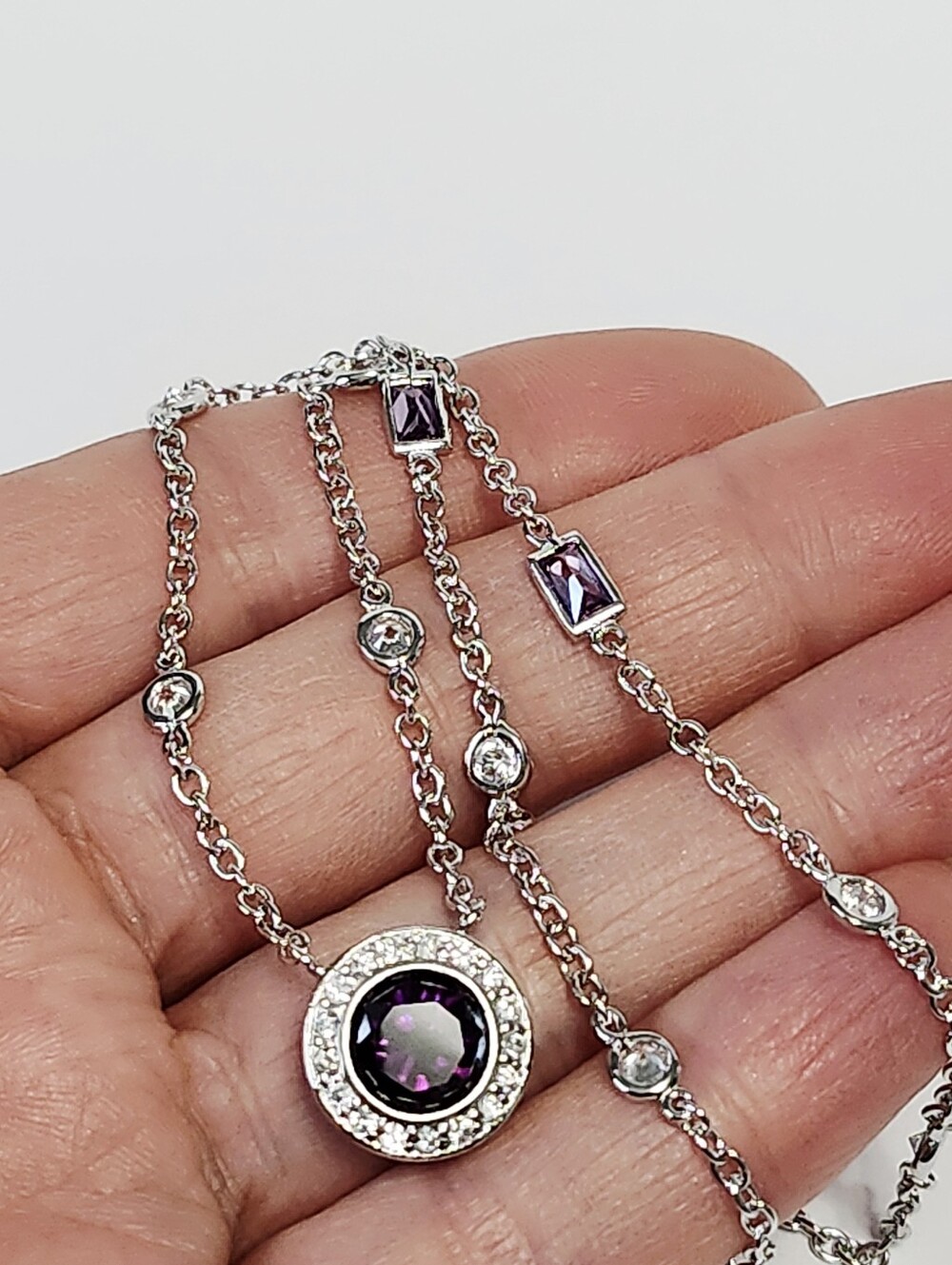 Sterling Silver Amethyst cz Pendant Stationery Necklace 16" - Picture 7 of 9